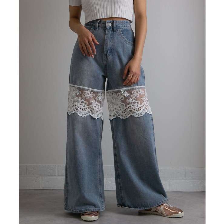 レース切替 デニムワイドロングパンツ | Pumpkin  Port | 詳細画像2 