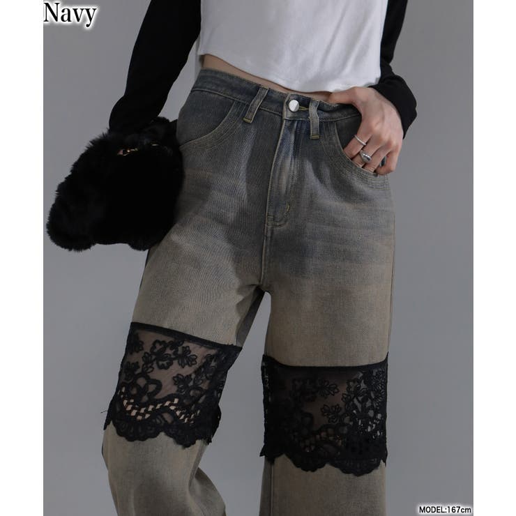 ネイビー | レース切替 デニムワイドロングパンツ | Pumpkin  Port