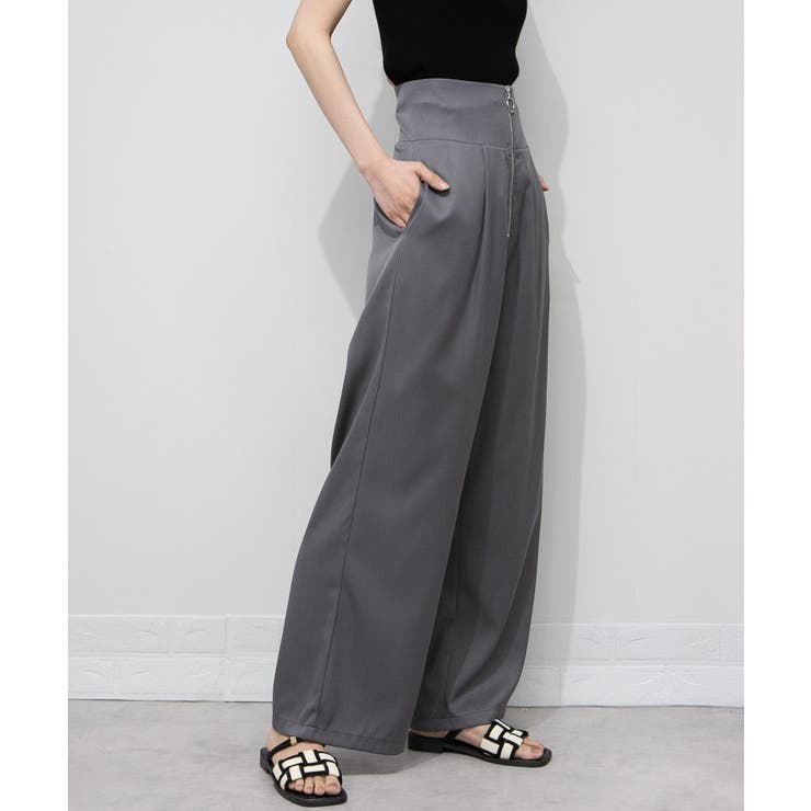 フロントZIPハイウエストスラックス ワイドパンツ[品番：PPNW0004708