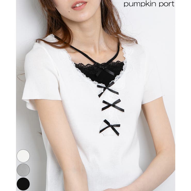 フェイクレイヤードリボン半袖カットソートップス | Pumpkin  Port | 詳細画像1 