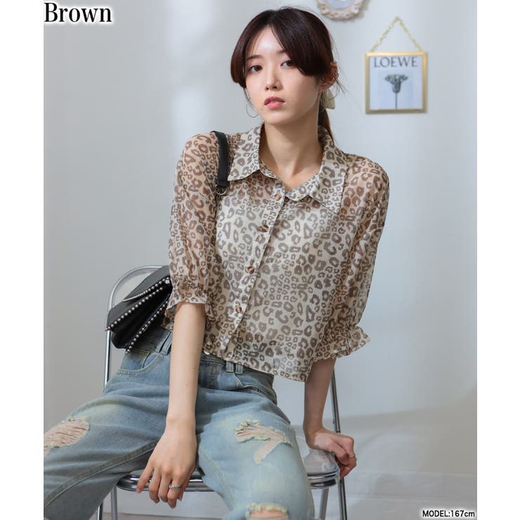 シャツ/ブラウス(半袖/袖なし) Leopard pattern blouse Women Leopard Print Tops Summer Mock Neck Short Sleeve Slim Fit