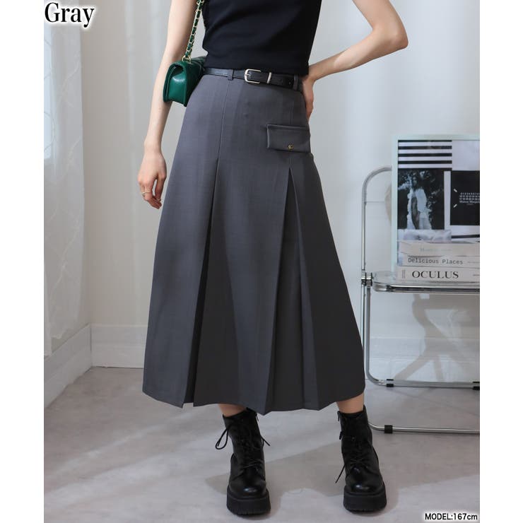 ベルトセット ボックスプリーツ ロングスカート[品番：PPNW0004943