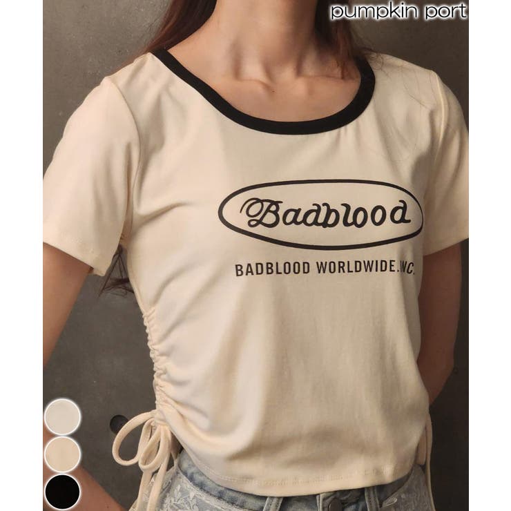 サークルロゴプリント サイドドロストリボン ショート丈半袖Tシャツ | Pumpkin  Port | 詳細画像1 