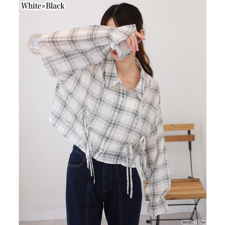 ホワイト/ブラック | ダブルリボン キャンディスリーブ 長袖 ブラウス | Pumpkin  Port