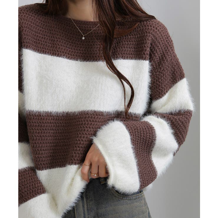 シャギーボーダー ショート丈ボリューム袖ニット | Pumpkin  Port | 詳細画像2 