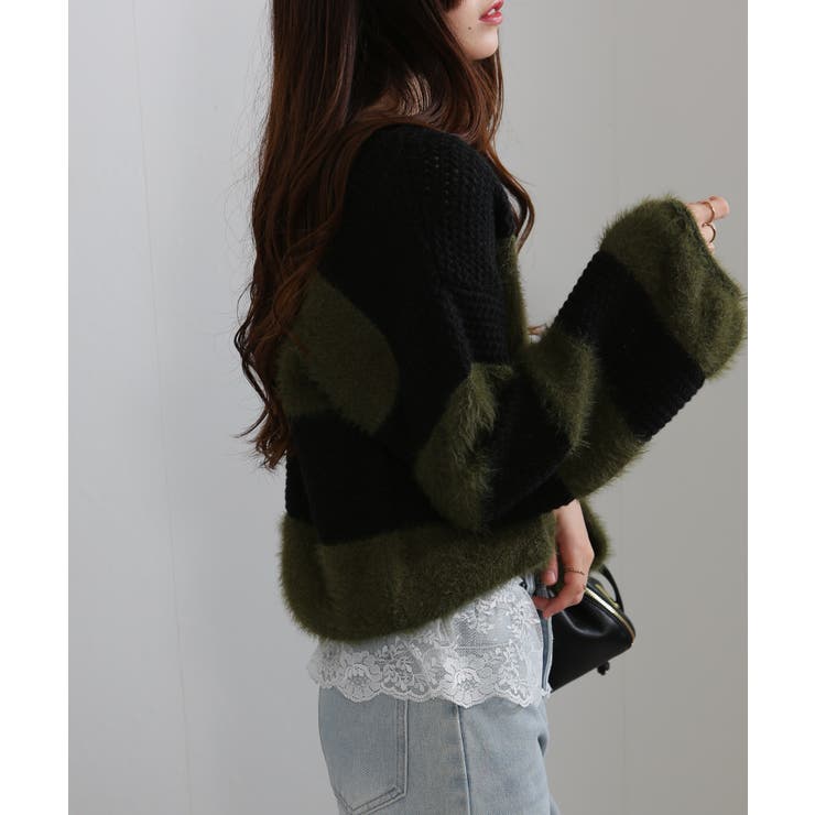 シャギーボーダー ショート丈ボリューム袖ニット | Pumpkin  Port | 詳細画像25 