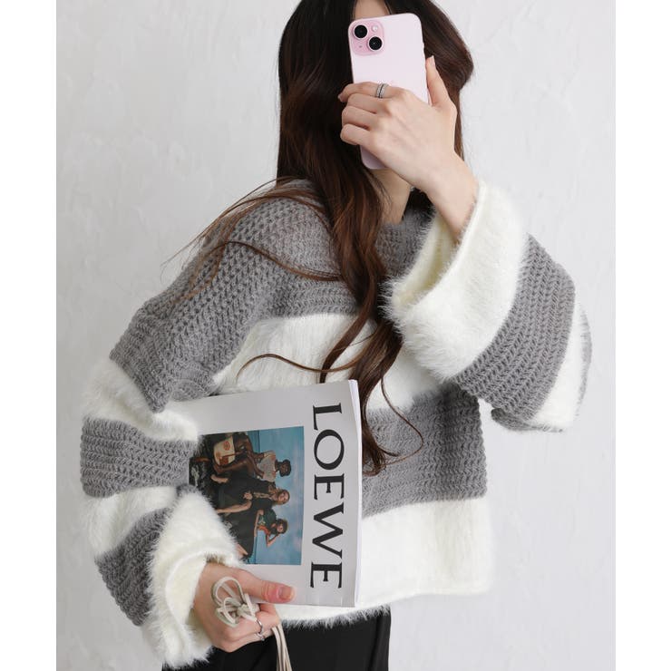 シャギーボーダー ショート丈ボリューム袖ニット | Pumpkin  Port | 詳細画像35 