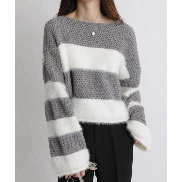 シャギーボーダー ショート丈ボリューム袖ニット | Pumpkin  Port | 詳細画像36 