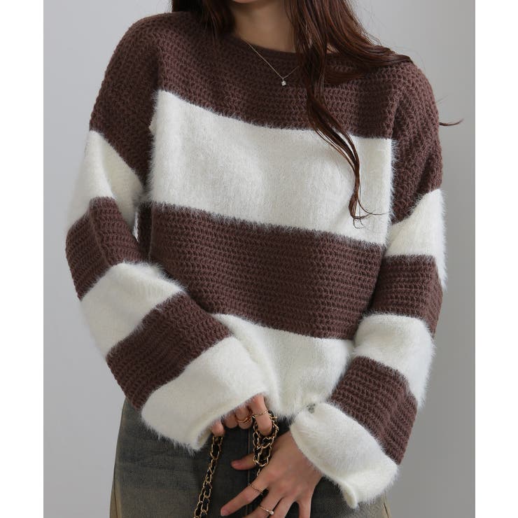 シャギーボーダー ショート丈ボリューム袖ニット | Pumpkin  Port | 詳細画像4 