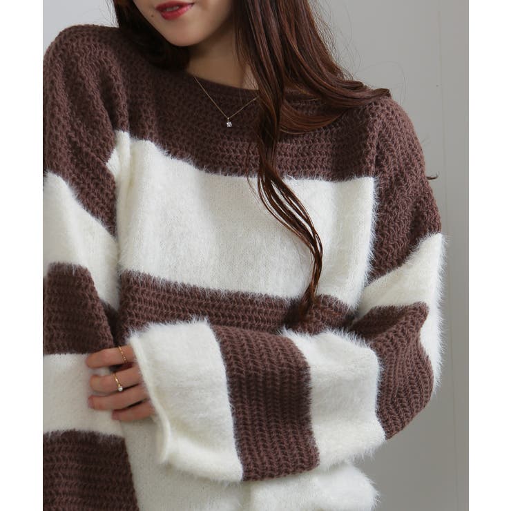 シャギーボーダー ショート丈ボリューム袖ニット | Pumpkin  Port | 詳細画像6 