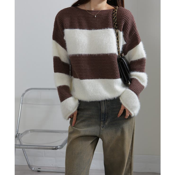 シャギーボーダー ショート丈ボリューム袖ニット | Pumpkin  Port | 詳細画像7 