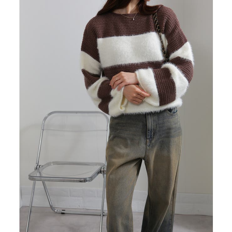 シャギーボーダー ショート丈ボリューム袖ニット | Pumpkin  Port | 詳細画像8 