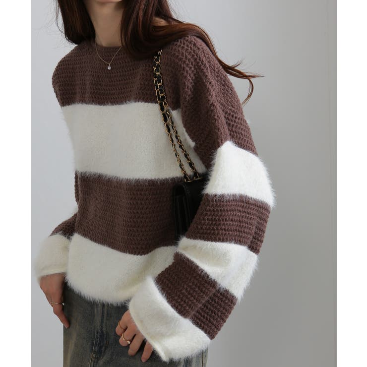 シャギーボーダー ショート丈ボリューム袖ニット | Pumpkin  Port | 詳細画像9 