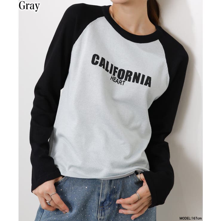 グレー | CALIFORNIA プリント ラグラン長袖ニットTシャツ | Pumpkin  Port