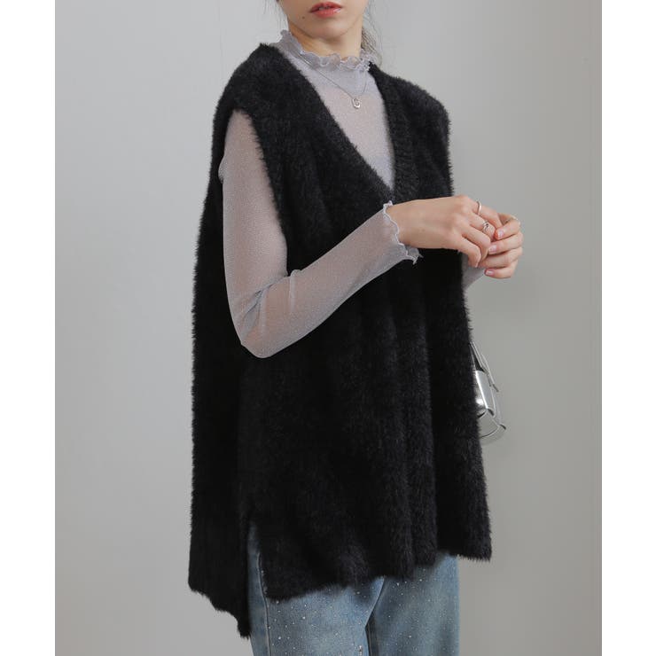 シャギーニット サイドスリット Vネック ベスト | Pumpkin  Port | 詳細画像2 