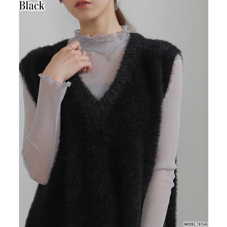 ブラック | シャギーニット サイドスリット Vネック ベスト | Pumpkin  Port