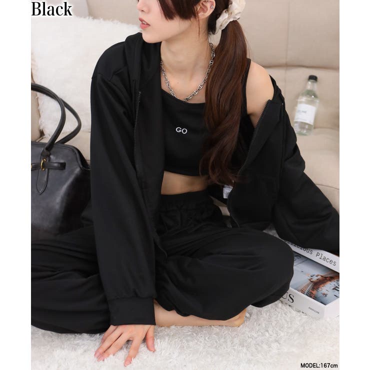 ブラック | ３点セット パーカー+クロップド丈キャミ+ロングパンツ | Pumpkin  Port