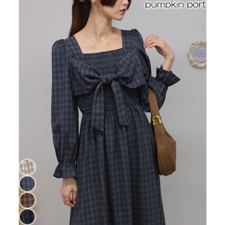 リボンポイント チェック柄 シャーリングデザイン 長袖ロング