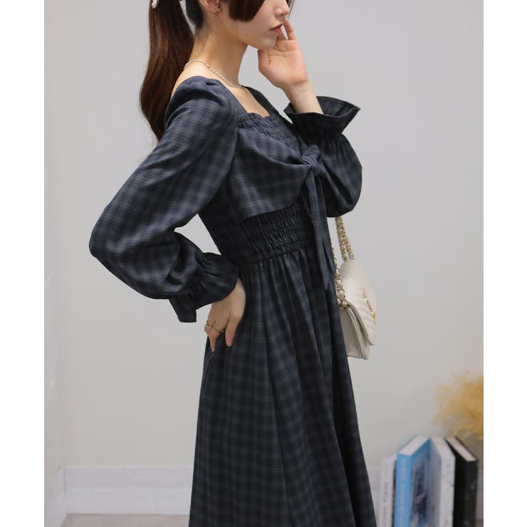 リボンポイント チェック柄 シャーリングデザイン 長袖ロング