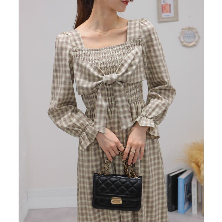 リボンポイント チェック柄 シャーリングデザイン 長袖ロング