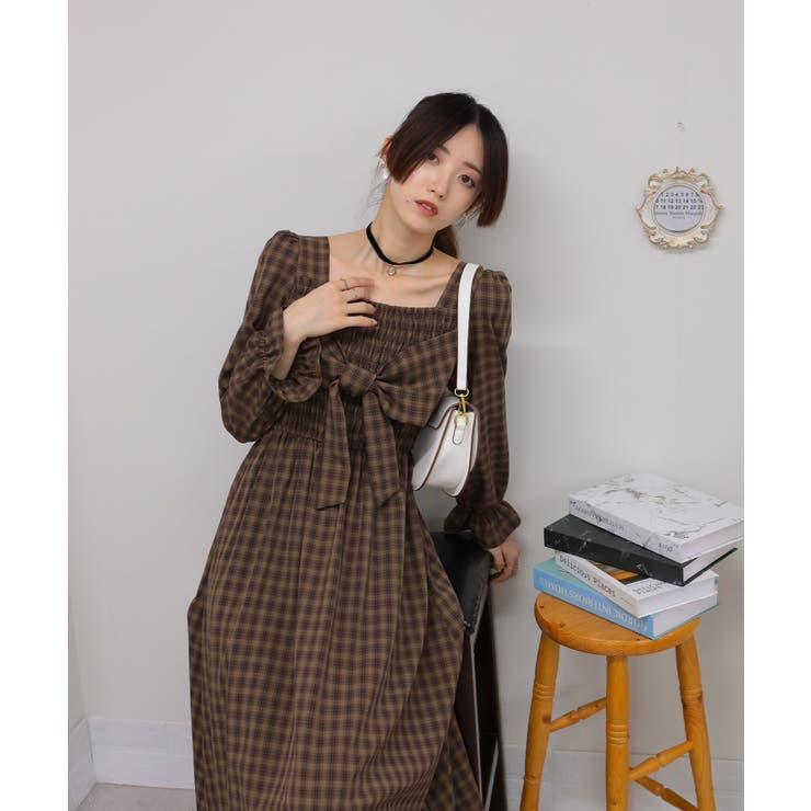 リボンポイント チェック柄 シャーリングデザイン 長袖ロング