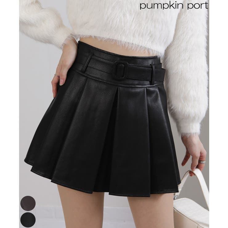 ベルト付 合成皮革 プリーツミニスカート インパン付 | Pumpkin  Port | 詳細画像1 