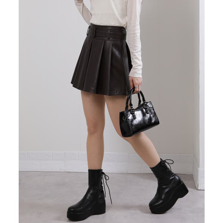 ベルト付 合成皮革 プリーツミニスカート インパン付 | Pumpkin  Port | 詳細画像19 