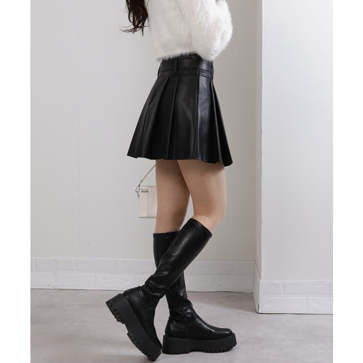 ベルト付 合成皮革 プリーツミニスカート インパン付 | Pumpkin  Port | 詳細画像4 