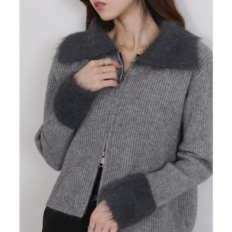 ダブルジップ シャギーニット 襟付き カーディガン | Pumpkin  Port | 詳細画像14 