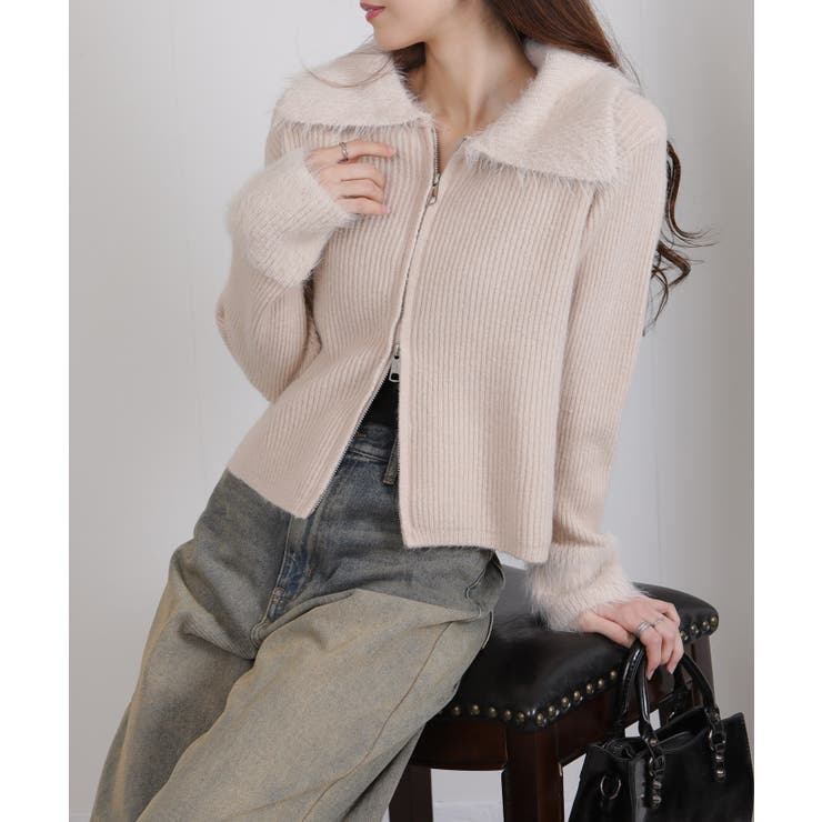 ダブルジップ シャギーニット 襟付き カーディガン | Pumpkin  Port | 詳細画像3 