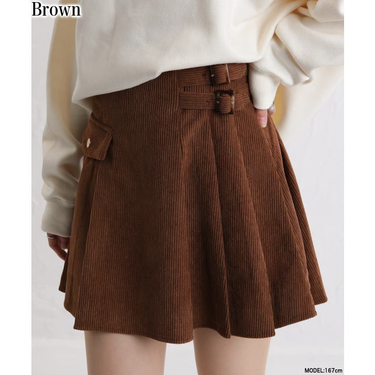 ブラウン | コーデュロイ サイドベルト付 プリーツミニスカート | Pumpkin  Port
