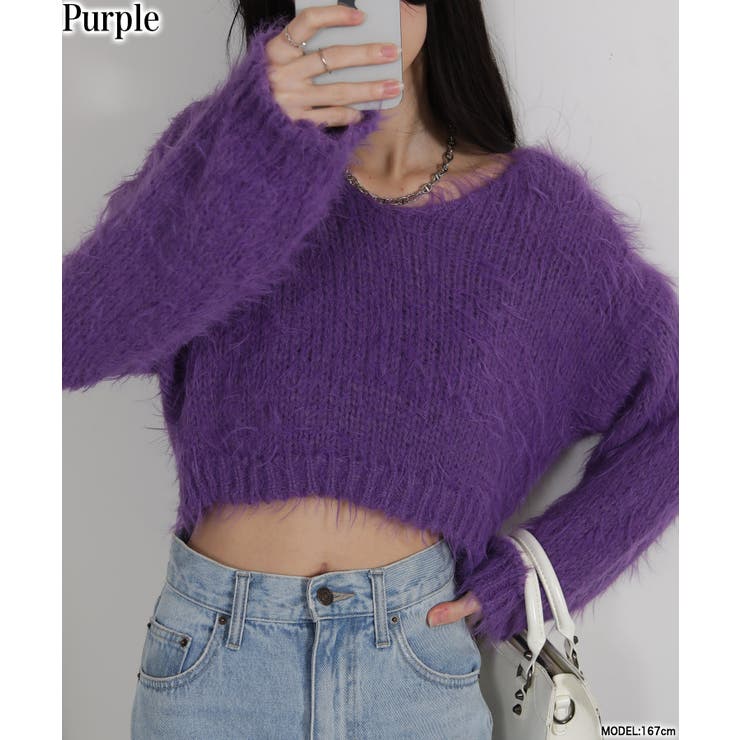 パープル | ロングシャギー ショート丈ニット トップス | Pumpkin  Port