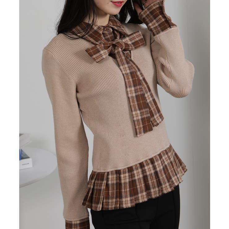 リブ×チェックプリーツ フェイクレイヤード リボン付きトップス（リボン取り外し可… | Pumpkin  Port | 詳細画像17 