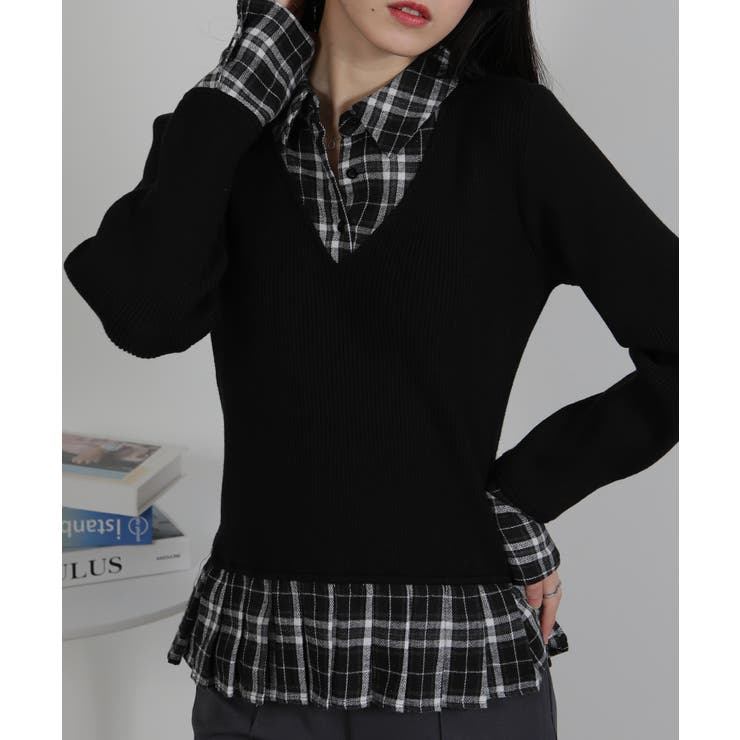 リブ×チェックプリーツ フェイクレイヤード リボン付きトップス[品番