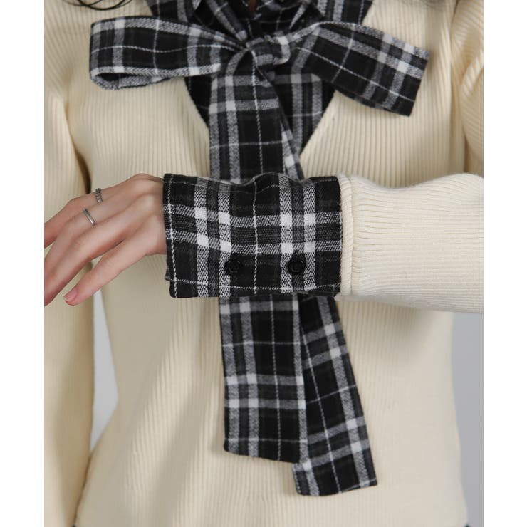 リブ×チェックプリーツ フェイクレイヤード リボン付きトップス（リボン取り外し可… | Pumpkin  Port | 詳細画像30 