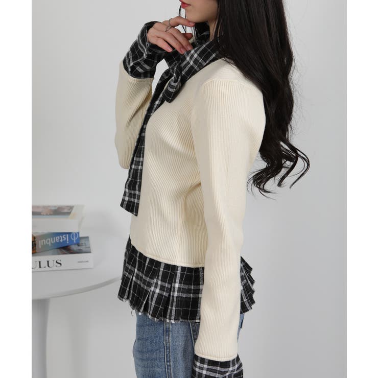 リブ×チェックプリーツ フェイクレイヤード リボン付きトップス（リボン取り外し可… | Pumpkin  Port | 詳細画像4 