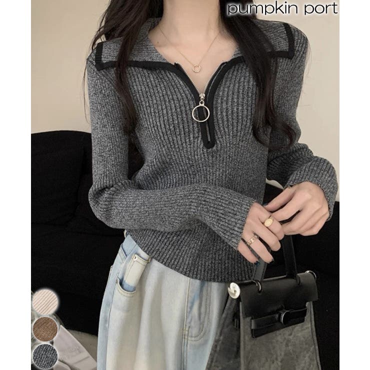 リングジップ リブ素材 ヘンリネック カットソートップス | Pumpkin  Port | 詳細画像1 