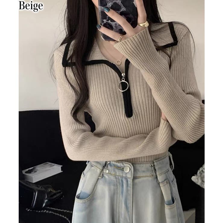ベージュ | リングジップ リブ素材 ヘンリネック カットソートップス | Pumpkin  Port