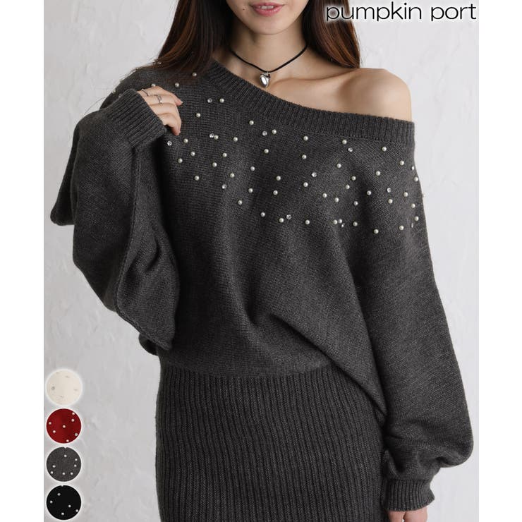 パール×ビジュー 付 ドルマン袖 ニットミニワンピース  | Pumpkin  Port | 詳細画像1 