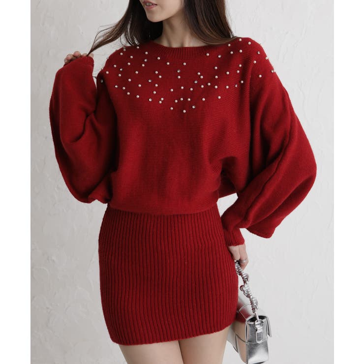 パール×ビジュー 付 ドルマン袖 ニットミニワンピース  | Pumpkin  Port | 詳細画像12 