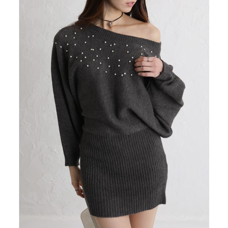 パール×ビジュー 付 ドルマン袖 ニットミニワンピース  | Pumpkin  Port | 詳細画像3 