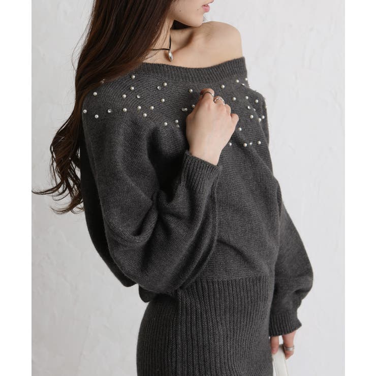 パール×ビジュー 付 ドルマン袖 ニットミニワンピース  | Pumpkin  Port | 詳細画像6 