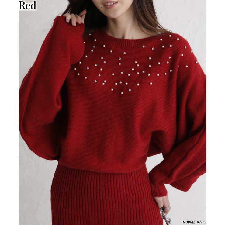 レッド | パール×ビジュー 付 ドルマン袖 ニットミニワンピース  | Pumpkin  Port