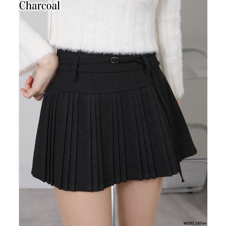 チャコールグレー | ベルト付 細プリーツ 台形ミニスカート（インパン付） | Pumpkin  Port