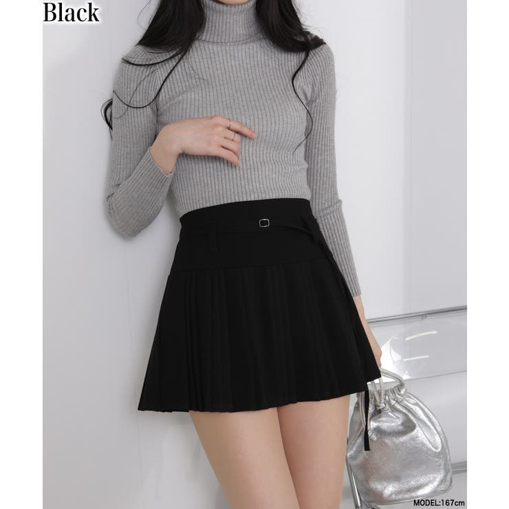 ブラック | ベルト付 細プリーツ 台形ミニスカート（インパン付） | Pumpkin  Port