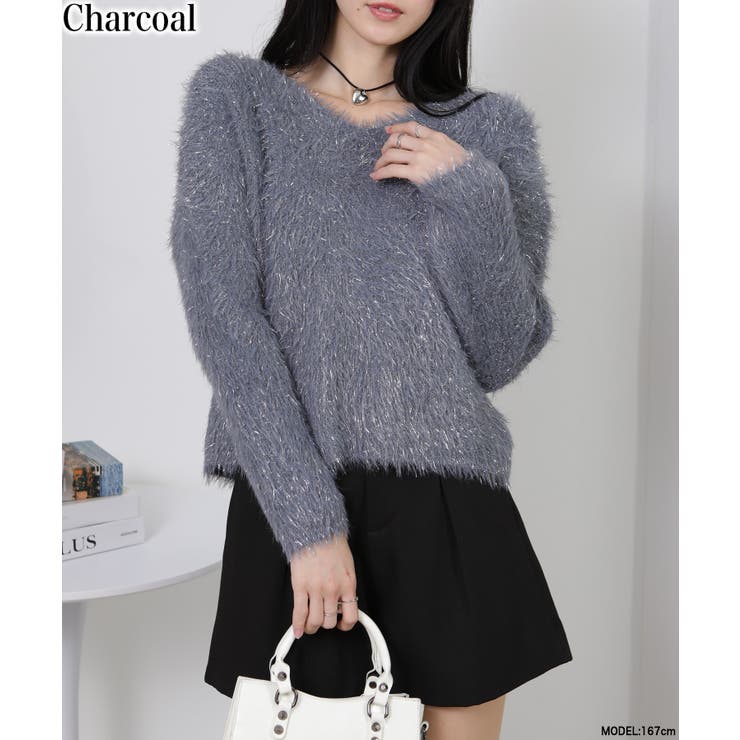 チャコールグレー | ラメ シャギー Vネック 長袖ニット トップス | Pumpkin  Port