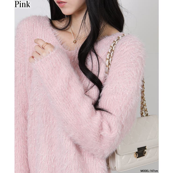 ピンク | ラメ シャギー Vネック 長袖ニット トップス | Pumpkin  Port