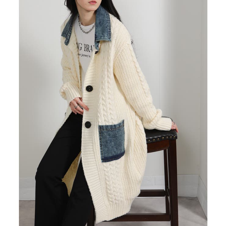 ケーブルニット デニム使い ビッグボタン ロングカーデ | Pumpkin  Port | 詳細画像11 