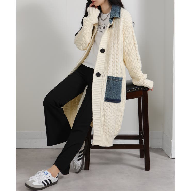 ケーブルニット デニム使い ビッグボタン ロングカーデ | Pumpkin  Port | 詳細画像12 