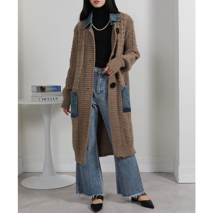 ケーブルニット デニム使い ビッグボタン ロングカーデ | Pumpkin  Port | 詳細画像13 